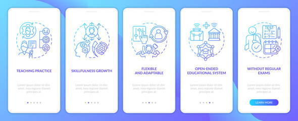 Advantages of non formal education blue gradient onboarding mobile app screen. Walkthrough 5 steps graphic instructions with linear concepts. UI, UX, GUI template. Myriad Pro-Bold, Regular fonts used