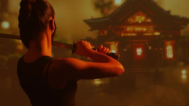 Beautiful ninja girl in a mask and with a katana. Samurai woman on the background of a traditional Japanese temple.