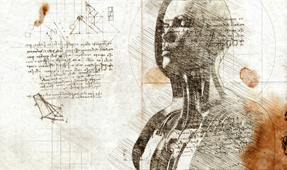 3d illustration - woman angel with wings drawing in style of Leonardo Da Vinci - obrazy, fototapety, plakaty
