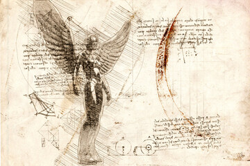 3d illustration - woman angel with wings drawing in style of Leonardo Da Vinci - obrazy, fototapety, plakaty
