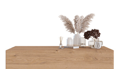 Modern, wooden table with pampas grass on transparent background. Front view. Cut out furniture. Contemporary interior design element. Copy space for your object, product presentation. 3D render.