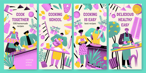 Set of vector banner templates for online cooking school. Master classes and recipes for tasty and healthy food.