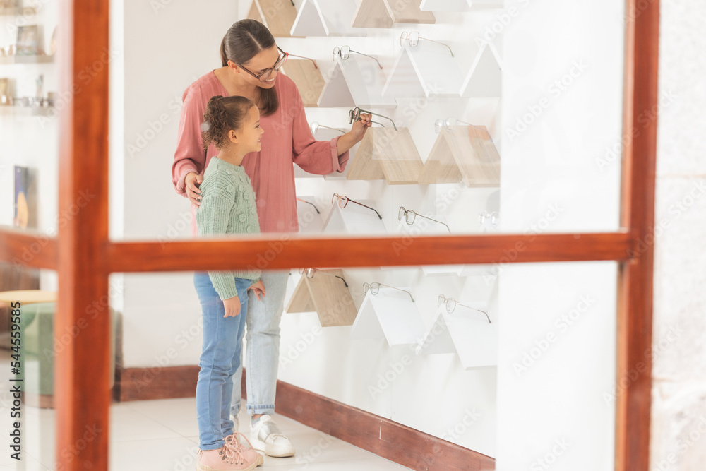 Poster Glasses, vision and family with a mother and daughter customer shopping for prescription lenses at an optician. Eyewear, optometry and retail with a woman and girl buying new frame spectacles