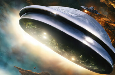 closeup of a futuristic space ship flying through a galaxy filled with stars and planets, with a distant star in the background