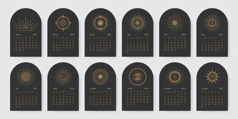 2023 Calendar. Calendar 2023 template with line art elements. Week starts on sunday. Vector illustration.