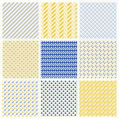 Set of geometrical seamless patterns in blue, yellow and white. Abstract vector illustration for wallpaper, fabric, textile, cover, banner. Eps 10