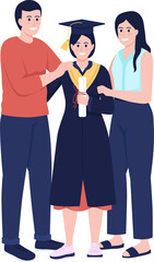 Parents and daughter alumnus semi flat color raster characters. Standing figures. Full body people on white. Graduation ceremony simple cartoon style illustration for web graphic design and animation