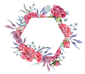 Floral watercolor frame with delicate pink and purple peony flowers. Wedding floral wreath. Peonies with greenery. Watercolor Peony flowers.
