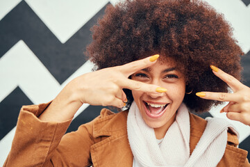Peace, sign and black woman with fashion portrait for creative vision, winter clothes and gen z or...