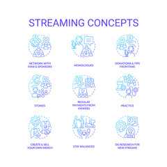Streaming platform blue gradient concept icons set. Cyber sport streamer. Broadcast live videos idea thin line color illustrations. Isolated symbols. Roboto-Medium, Myriad Pro-Bold fonts used