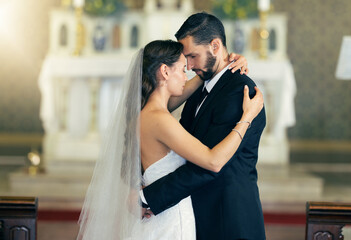 Wedding dance, love and couple dancing together with a hug after getting married at celebration...