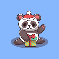 cute new year panda with gift wearing red santa hat new year christmas vector character