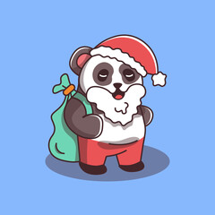 cute new year panda in santa costume with beard and bag with gifts new year christmas vector character
