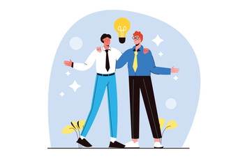 Business solution blue concept with people scene in the flat cartoon design. Two business partners made an important decision that will facilitate the company's work. Vector illustration.