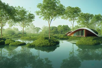 Concept depicting new possibilities for the development of sustainable construction technologies and green living the form of a house shaped pond located in a lush forest. 3d rendering.