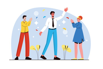 Team congratulates colleague blue concept with people scene in the flat cartoon design. Employees congratulate their colleague on the holiday. Vector illustration.