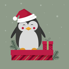 cartoon winter christmas character penguin wearing hat on standing on gift box