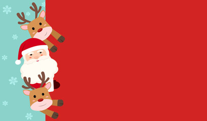Merry Christmas happy new year banner vector illustration, Santa Claus and reindeers hiding behind blank red signboard, cute Christmas greeting card with copy space, Winter holiday celebration.