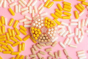 Food supplements, vitamins and minerals in forms of tablets, capsules and multivitamin meds from...