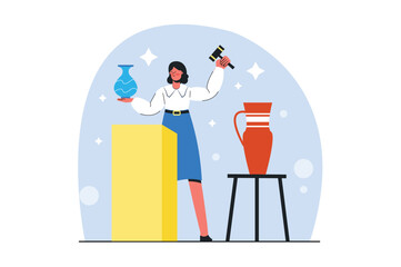 Blue concept Auction with people scene in the flat cartoon design. Auctioneer put up for sale two expensive and valuable vase. Vector illustration.