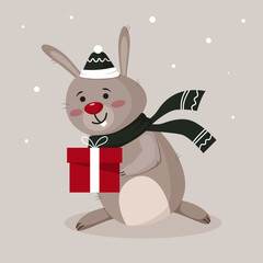 cartoon winter christmas character hare with a gift in a warm hat and scarf