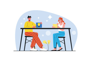 Teamwork blue concept with people scene in the flat cartoon style. Man and woman works together on join task. Vector illustration.