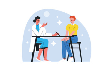 Medical office blue concept with people scene in the flat cartoon style. Doctor advises the patient about the disease and the correct treatment. Vector illustration.