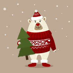 cartoon winter christmas character white bear with fir tree in sweater and hat