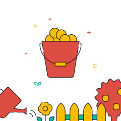 Bucket full of apples filled line vector icon, simple illustration, related bottom border.