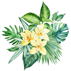 Watercolor Jungle green plant.Tropical leaves and flower orchid isolated on white background. Botanical illustration