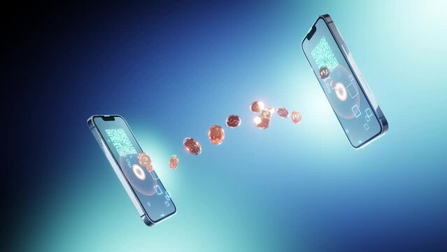 smart phone transfer money , gold coin move to mobile, Qr code Scan, blue background, dollar symbol