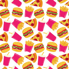 Seamless pattern with fast food. Hamburger, french fries, pizza and a drink in a paper cup. American street food in flat style. Vector illustration of a fast food cafe.