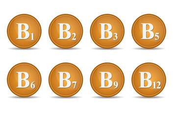 Vitamins B1, B2, B3, B5, B6, B7, B9, B12 Icons set. Vitamin B complex. - 544563361