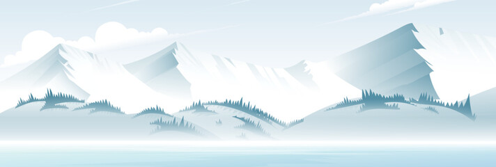 Landscape with snowy mountains and pine forests in winter.