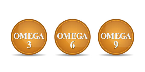 Vitamin Omega Three, Six And Nine Icons set. Omega 3, Omega 6, Omega 9. - 544563387