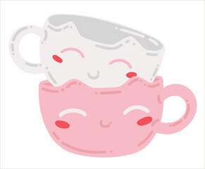 Cute cups with muzzles of cats. Ceramic dishes handmade. Festive set of dishes. Vector illustration of hobby and creativity.