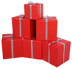 Pile of Christmas presents in red gift wrappings