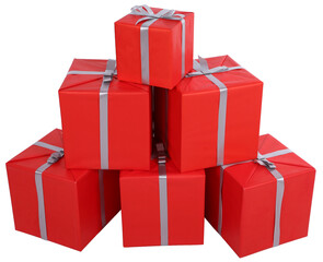 Pile of Christmas presents in red gift wrappings