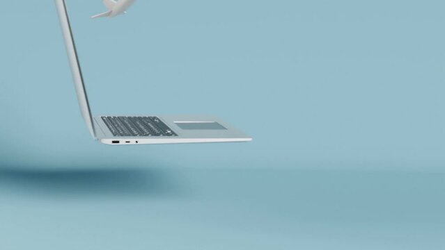 Airplane Flying Over Laptop On Blue Background With Copy Space