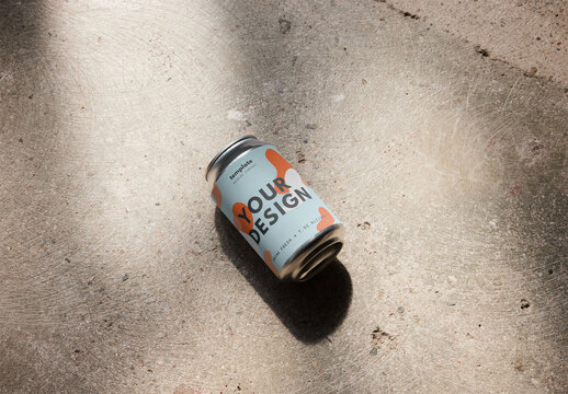 33 cl Beer Can Mockup On Floor With Sun Light