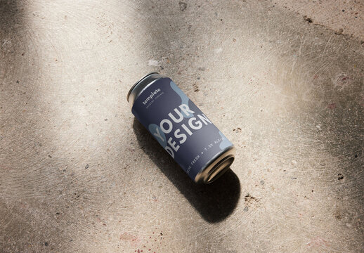 44 cl Beer Can Mockup On Floor With Sun Light