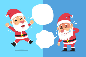 Cartoon santa claus expressing different emotions with speech bubbles for design.