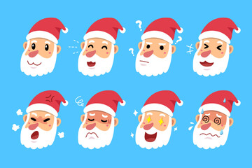 Vector cartoon santa claus faces showing different emotions for design.