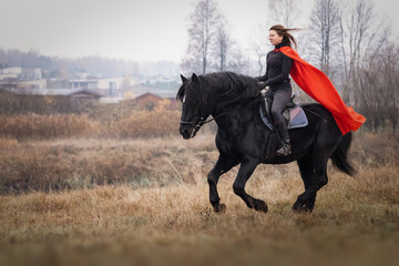 Beautiful girl in red cloak on black stallion - obrazy, fototapety, plakaty