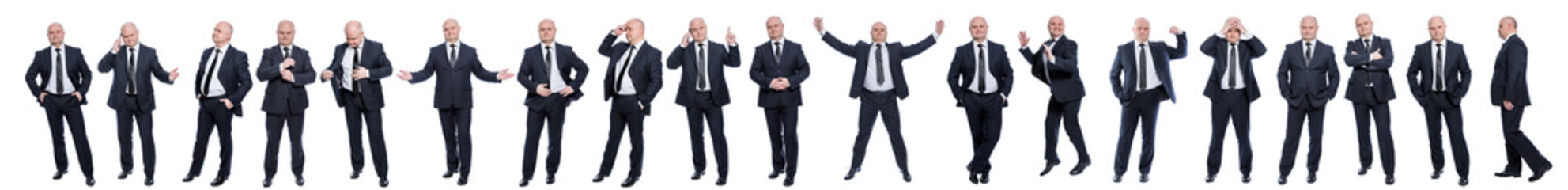 A set of images of a bald man in a black formal suit in various poses. Business, success and...