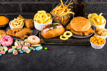 Assortment of various unhealthy junk food.