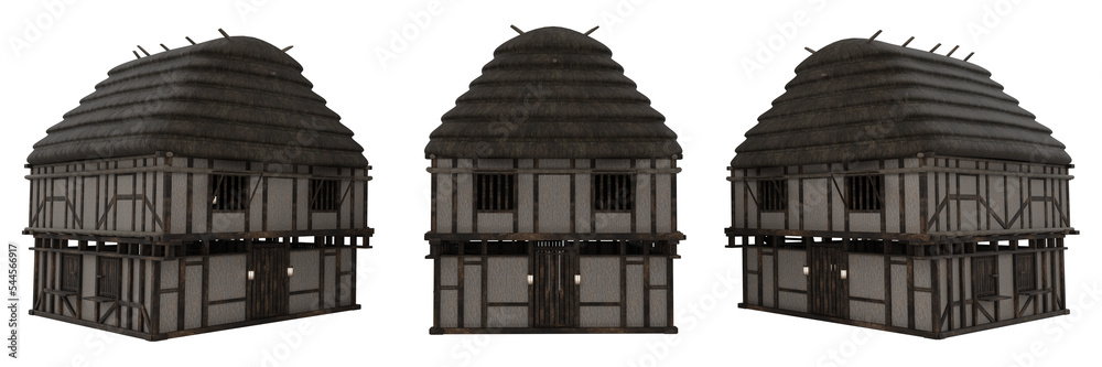 Poster Medieval buildings built with timber fram and stone. Isolated 3D rendering with 3 angle views.