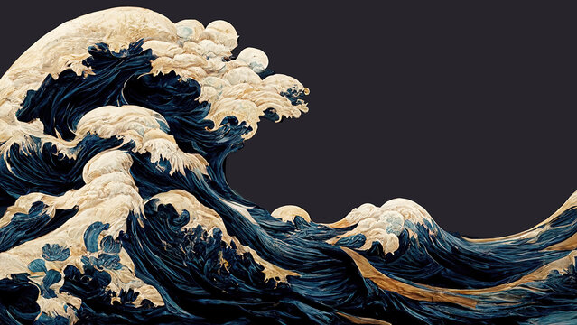 Great blue ocean wave as Japanese vintage style illustration