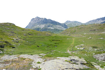 Isolated cutout mountains in the Alps in summer on a white background