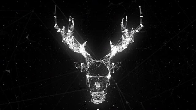Abstract polygonal deer design. Dissolved white glittering particles Image animal triangle art deer with horn. 3D motion of holographic effect. 3d rendering